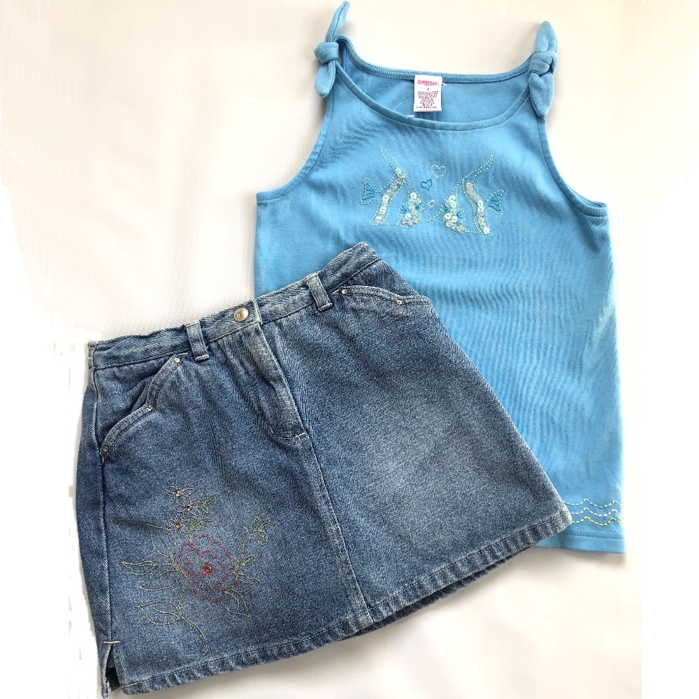 3 Pc Lot Gymboree Denim Skort with 2 Tops Sz 6 & 7 - Picture 2 of 10